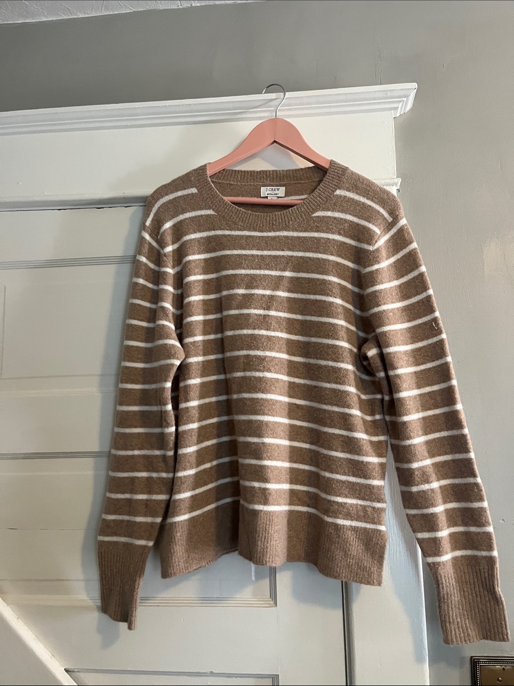 J. Crew Women's Tan and White Striped Crewneck Sweater
